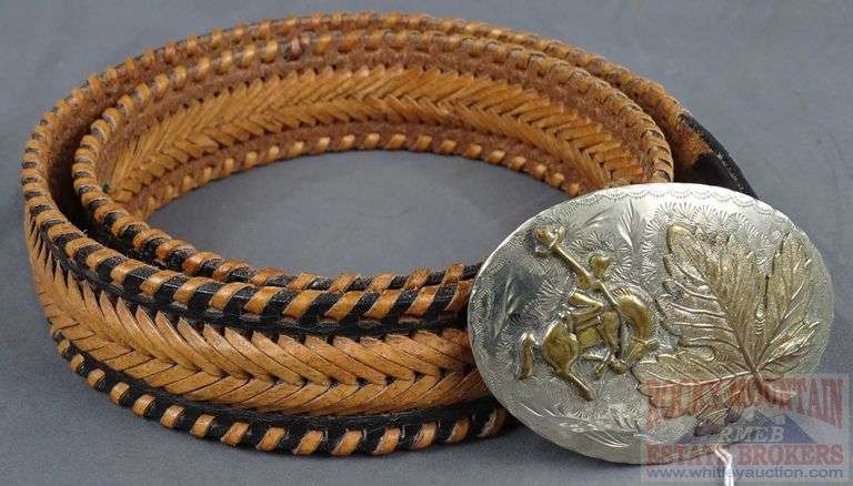 Fantastic Braided Two Tone Leather Belt with Vintage Bucking Bronco Belt Buckle, Size 40.