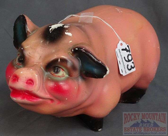 Large Vintage Chalkware Piggy Bank. Some Chips.