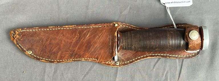 Vintage Imperial 10" Hunting Knife with Stacked Leather Handles & Leather Sheath.