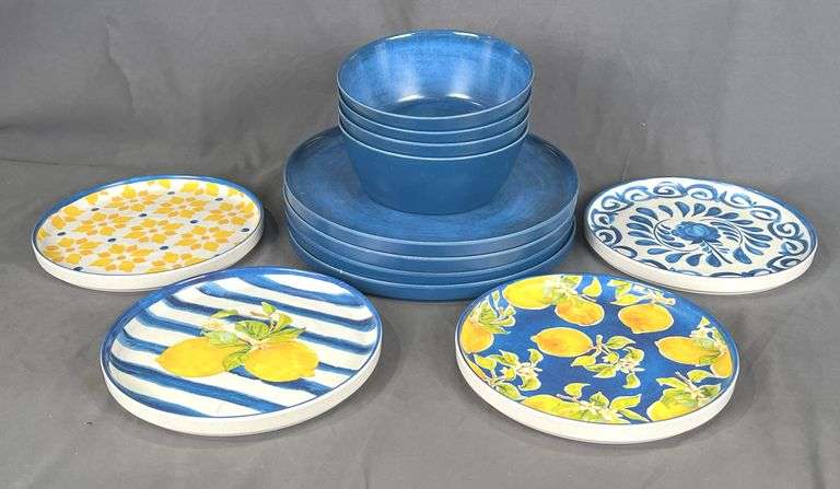 Brand New 12 Piece "Blue" Bamboo Melamine Dinnerware Set with Cute Lemons on Salad Plates. Break resistant, dishwasher safe.