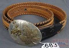 Fantastic Braided Two Tone Leather Belt with Vintage Bucking Bronco Belt Buckle, Size 40.