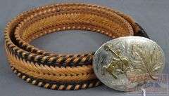 Fantastic Braided Two Tone Leather Belt with Vintage Bucking Bronco Belt Buckle, Size 40.