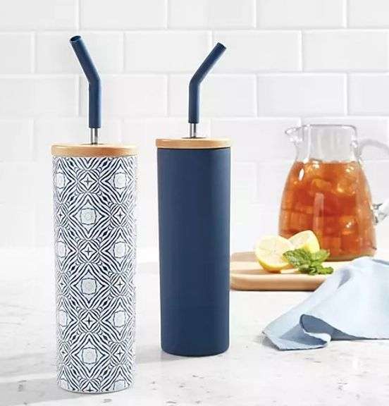 Brand New Set of Two 24-oz Stainless Steel Insulated Tumblers W/ Wood Lids & Stainless Steel Straws, Navy & Geo .