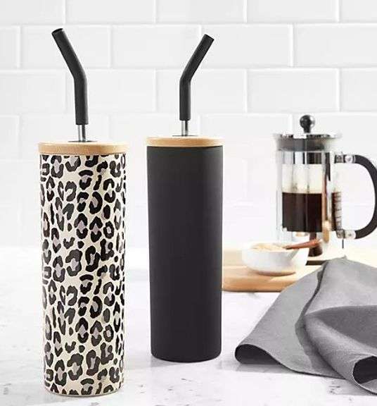 Brand New Set of Two 24-oz Stainless Steel Insulated Tumblers W/ Wood Lids & Stainless Steel Straws, Black & Cheetah.