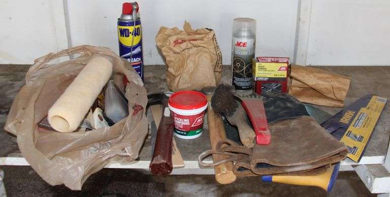 Assorted like new and slightly used tools and hardware. , paint supplies and other repair items.