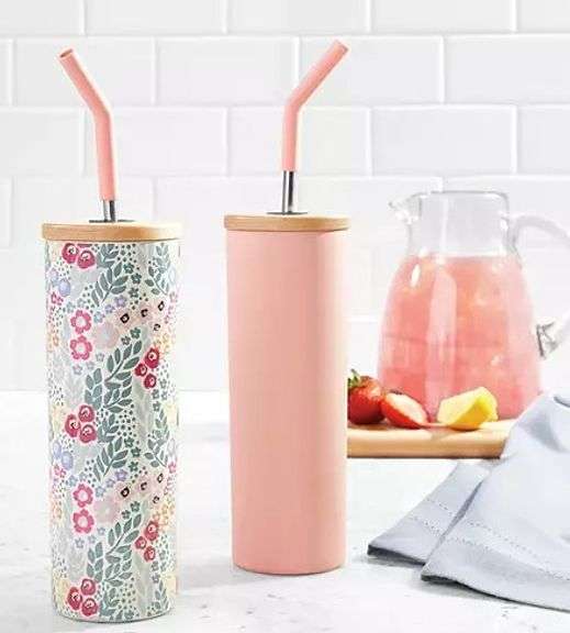 Brand New Set of Two 24-oz Stainless Steel Insulated Tumblers W/ Wood Lids & Stainless Steel Straws, Pink and Flowers.