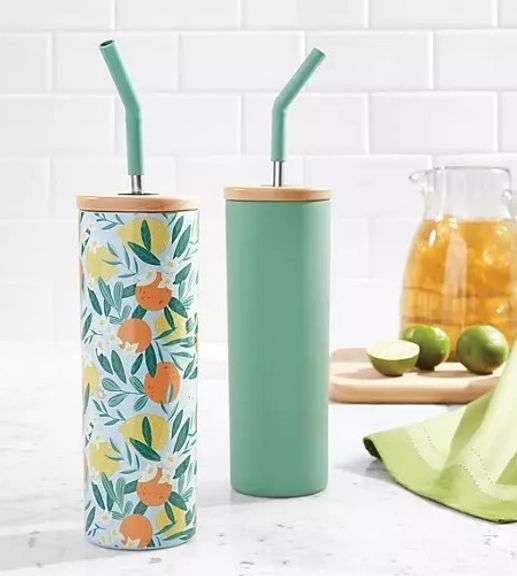 Brand New Set of Two 24-oz Stainless Steel Insulated Tumblers W/ Wood Lids & Stainless Steel Straws, Fruit and Sage.