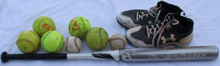 DeMarini ball bat, size 8 Under Armour shoes and some balls