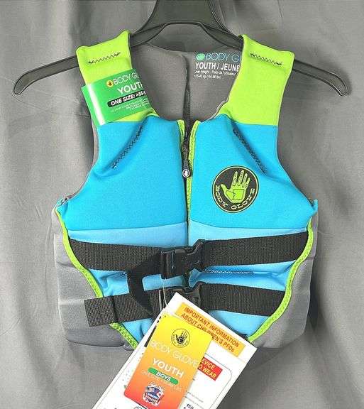Brand New Youth Size (55-88 lbs.), Body Glove "PFD" Blue and Green Life Jacket. Coast Guard Approved - this is breathable, lightweight & flexible & has extra-large arm holes for extra mobility. Be safe & comfortable in the water.