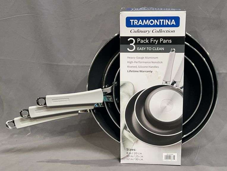 Brand New Tramontina 3-Piece High-Performance, Heavy Gauge Aluminum Skillet Set. Includes 12", 10" & 8" skillets silicone handles.