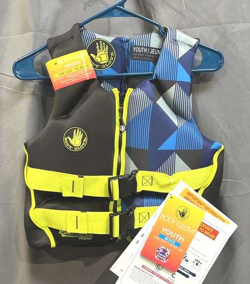 Brand New Youth Size (55-88 lbs.), Body Glove "PFD" Black and Yellow with Blue Stripe Life Jacket. Coast Guard Approved - this is breathable, lightweight & flexible & has extra-large arm holes for extra mobility. Be safe & comfortable in the water.