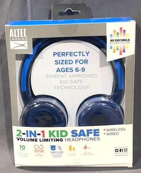 Brand New Altec Lansing 2-in-1 Bluetooth & Wired Kid-Safe Headphones W/ Built-In Volume Limiters. Includes a carry along bag and carabiner. Up to 30 hours of play time per charge.