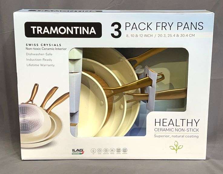 Brand New Tramontina 3-Piece Ceramic Frying Pan Set. Set includes 12", 10" & 8" frying pans with healthy ceramic non-stick cooking surfaces.