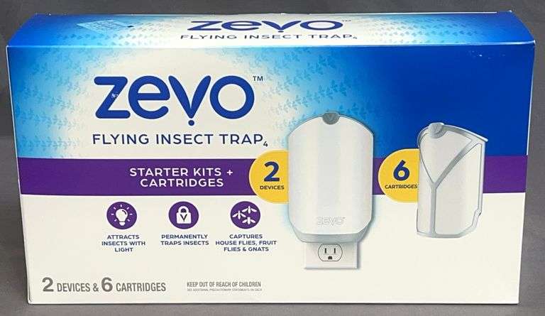 Brand New Zevo Flying Insect Trap Starter Kits and Cartridges.  Kit comes with 2 plug in devices and 6 cartridges.