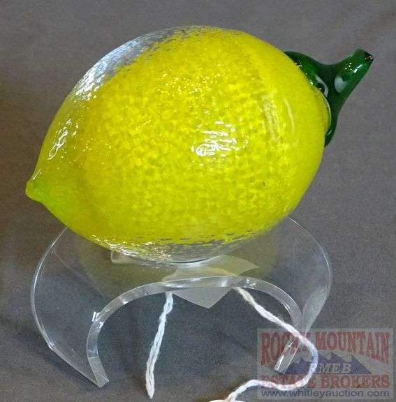 Hand Blown Art Glass Lemon Paper Weight on Lucite Stand. 4.5" Long.