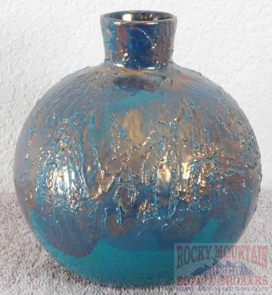 Artist Signed Enamel Vase with Applied Decoration, 5.5" High.