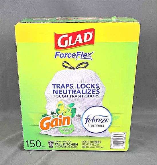 Brand New Glad ForceFlex W/ Gain 13 Gallon Tall Trash Sacks. Approximately 150 bags. Box is open.