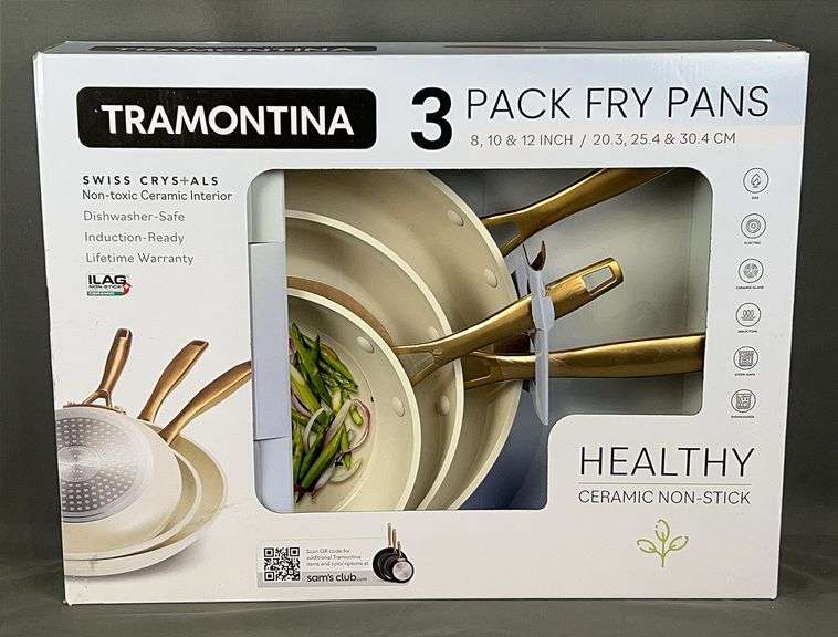 New Tramontina 3 Piece Non-Stick Skillet Set W/ 8", 10" & 12" Skillets In White W/ Gold Tone Hardware..