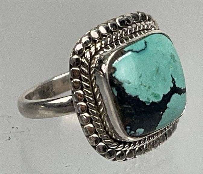 Carved Sterling Dress Ring with Naturally Veined Square Turquoise Center Stone, Size 7.
