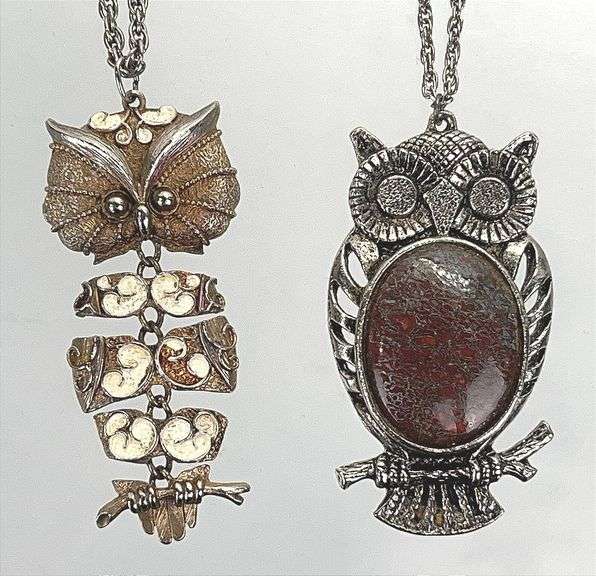 2 Mid-Century Owl Necklaces. Hinged necklace is marked "JJ". Both are 3.5" high. Both for one money.