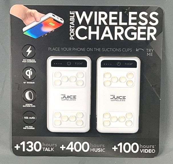Brand New 2-Pack of Nano Juice 10k mAh Portable Wireless Charger. Strong suction cups hold the phone in place on the charger.
