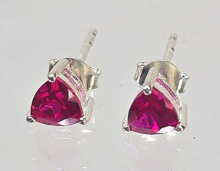 Sterling Silver Trillion-Cut Ruby Stud Earrings – Classic 3-Prong Setting