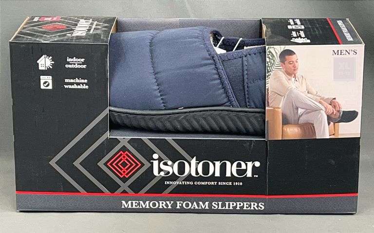 Brand New Men's Size XL, Isotoner Dark Blue Memory Foam-Indoor/Outdoor Slippers. These are machine washable.