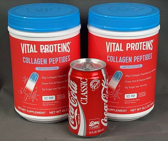 2 Brand New, Sealed 26.3 oz Containers of Vital Proteins Collagen Peptides Dietary Supplement. Collagen supports healthy hair, skin, nails, bones, and joints. Delicious Limited Edition Raspberry, Lemon Line & Blueberry Ice Pop Flavor.  2 times the money. Total price is quantity times bid price.