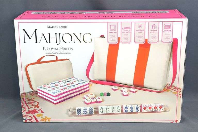 Brand New Deluxe Mahjong "Blooming Edition" Game Set with 160 Engraved Acrylic Tiles, Foldable Game Mat & Vegan Leather Game Bag & Tile Case.