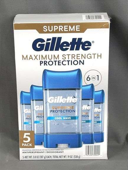 Brand New 5-Pack 3.8 Ounce Gillette Maximum Strength Protection "Cool Wave" Clear Gel Antiperspirant/Deoderant.
