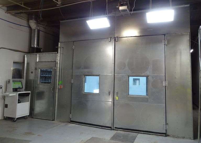 Industrial Automotive Drive-In Paint Spray Booth & Mixing Room w/ Fire Suppression and Rammstein Variflow Controls - Buyer to Remove. See Description.