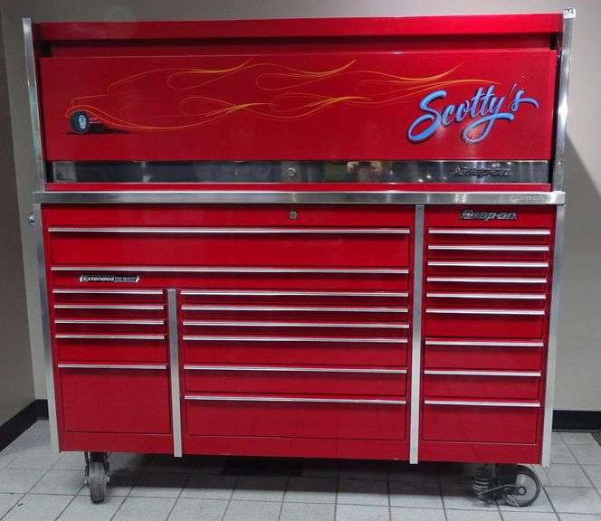 Snap-On Masters Series 22-Drawer Extended Cab Tool Box & Hutch - Candy Apple Red.