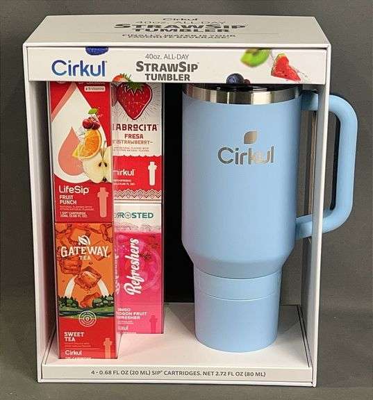 Brand New Cirkul 40-Ounce All-Day StrawSip Double-Wall Light Blue Tumbler Starter Kit with 4 Flavor Cartridges. Make water your favorite beverage.