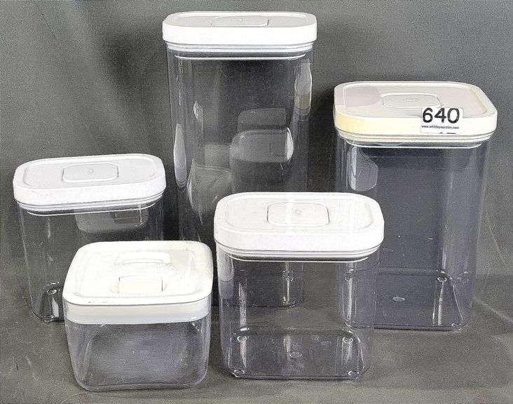 Set of 5 OXO Food Storage Containers with Locking Lids. Tallest is 12" High.