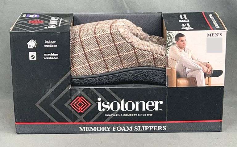 Brand New Men's Size Large, Isotoner Brown Plaid Memory Foam-Indoor/Outdoor Slippers. These are machine washable.
