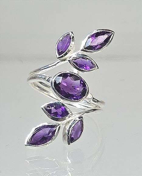 Brand New Size 8 Sterling Silver Multi-Stone Amethyst Leaf Vine Wrap Ring