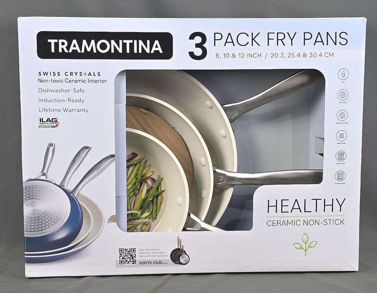 Brand New Tramontina 3 Piece Non-Stick Pan Set with 8", 10" & 12" Cream & Navy Blue Pans.  All for one money.