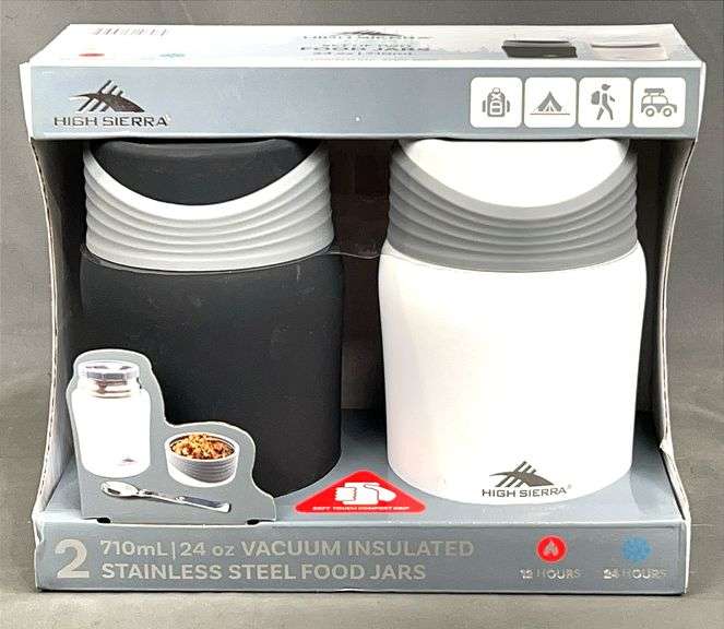 Brand New Black/White Set Of 2 High Sierra 24 Oz Stainless Steel Food Jars. These Will keep your food hot for 12 hours/cold for 24 hours.