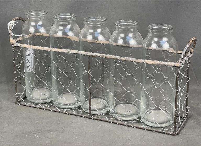 5-Bottle Vase Set In Galvanized Country Style Holder. Bottles are attached. 13" wide.