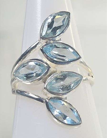 Size 7 Sterling Silver Blue Topaz Leaf Bypass Ring Marquise Bezel Set 925 Statement Ring
