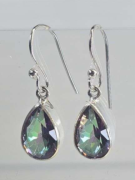 Sterling Silver 925 Mystic Topaz Faceted Teardrop Bezel Set Dangle Earrings, Iridescent Multi-Color Gemstone