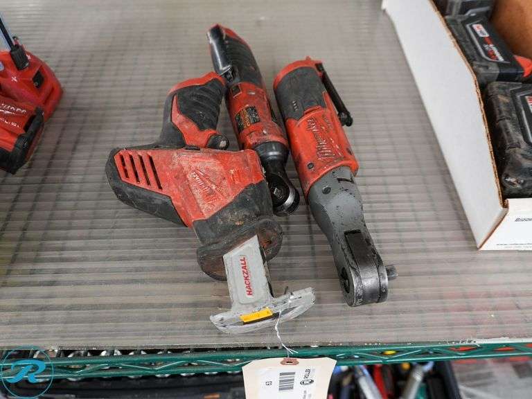 (3)  Milwaukee M12 Tools, 2420-20 Hackzall, 2657-20 and 2455-20 Ratchets