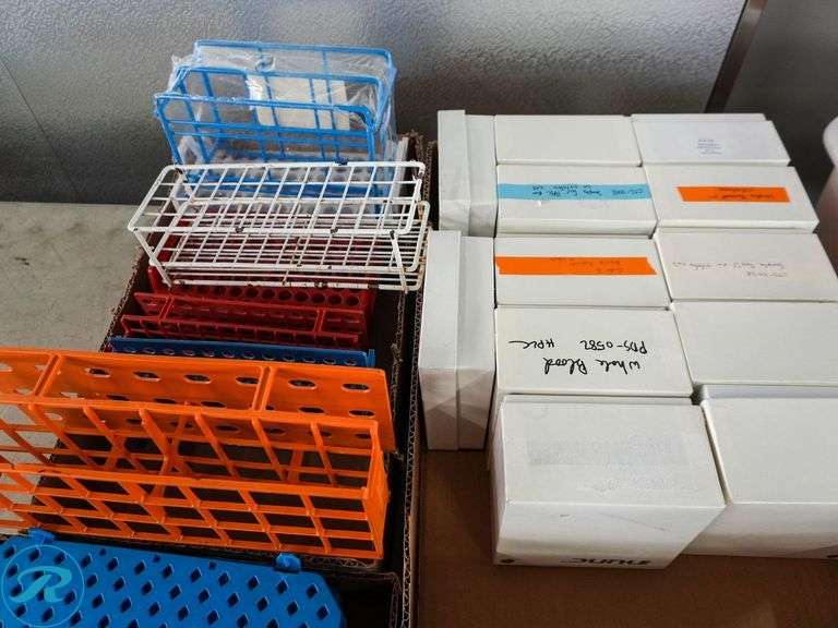 (3) Trays of Cryogenic Vial Storage Boxes and Test Tube Racks - Roller ...