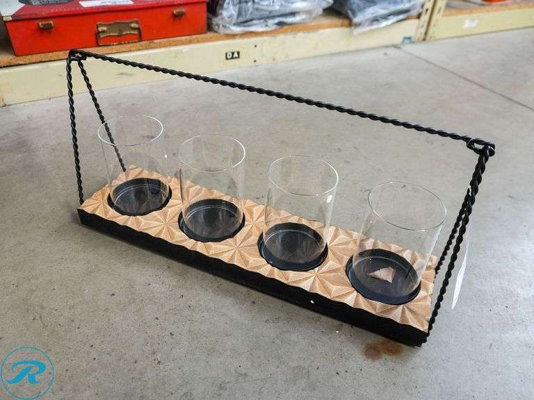 Bambeco 4-Candle Holder, Black Hanger, Beveled Wood & Glass - Roller Auctions