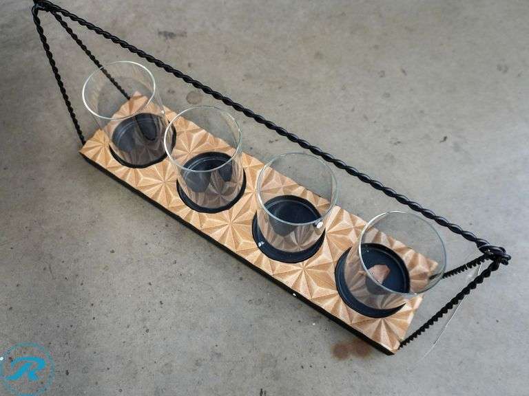 Bambeco 4-Candle Holder, Black Hanger, Beveled Wood & Glass - Roller Auctions