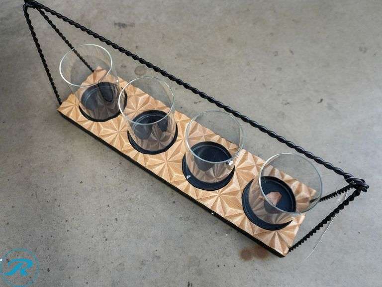 Bambeco 4-Candle Holder, Black Hanger, Beveled Wood & Glass - Roller Auctions