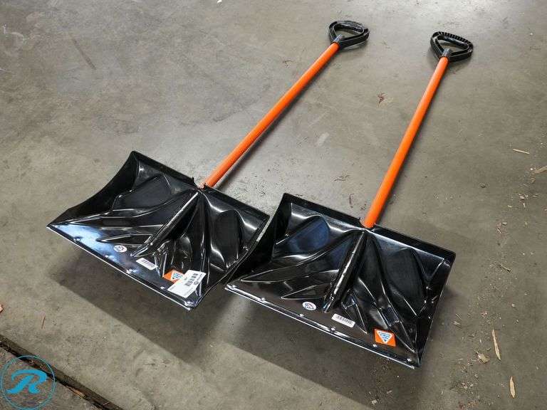 (2) Bigfoot Snow Tools Straight Handle Snow Shovels, Orange, Plastic - Roller Auctions
