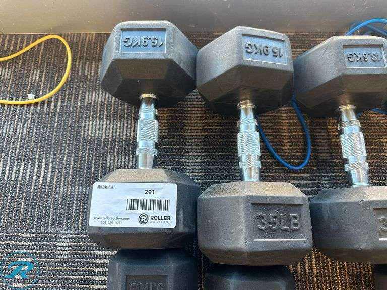 Rubber Dumbbells; (2) 35lb, (2) 30lb, (2) 25lb, (2) 20lb, (2) 15lb and (2) 10lb - Roller Auctions