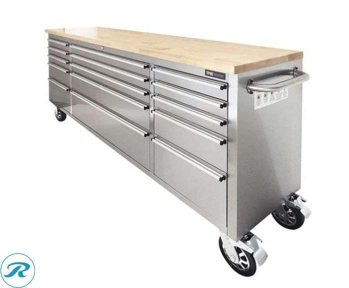 New TMG Industrial TMG-WB7215S 15-Drawer Rolling Workbench, 72", Rubberwood Tabletop and Stainless Steel