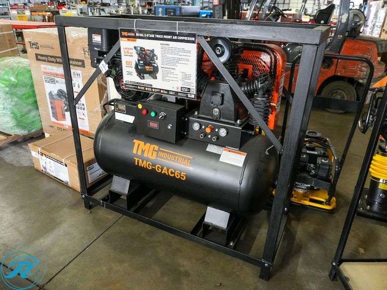 New TMG Industrial TMG-GAL65 Horizontal Air Compressor, 14Hp Gas Engine, 2-Stage, 65-Gallon - Roller Auctions